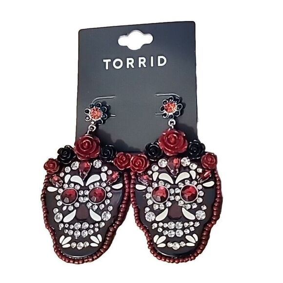 Torrid Sugar Skull NEW Earrings Beaded Black Red Roses Skelton - Picture 1 of 4